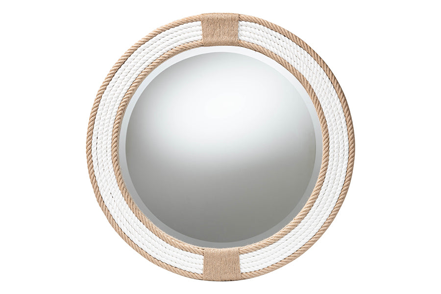 bali & pari Adita Round Woven Rope Mirror - Coastal Mirror with White Fabric and Woven Jute Accents FredCo