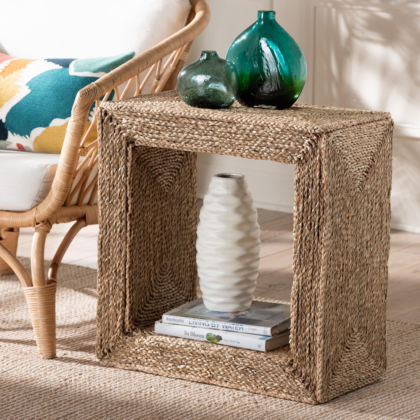 bali & pari Adonica Modern Bohemian Natural Brown Seagrass and Wood End Table FredCo