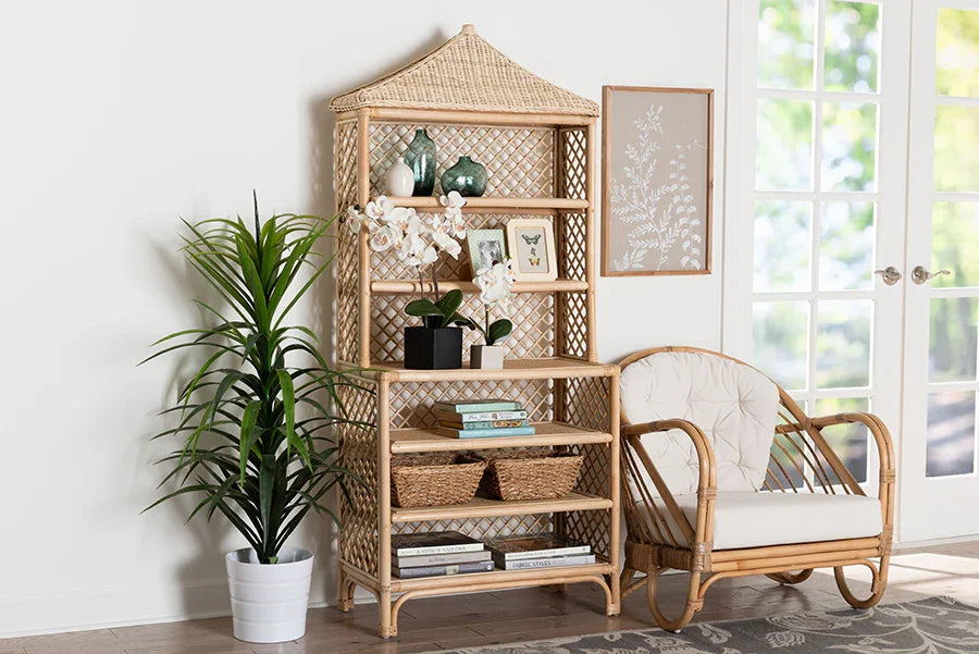 bali & pari Adonis Natural Rattan Display Shelf - Freestanding 6-Tier bookcase with Pagoda Top, Coastal Boho Storage Organizer FredCo