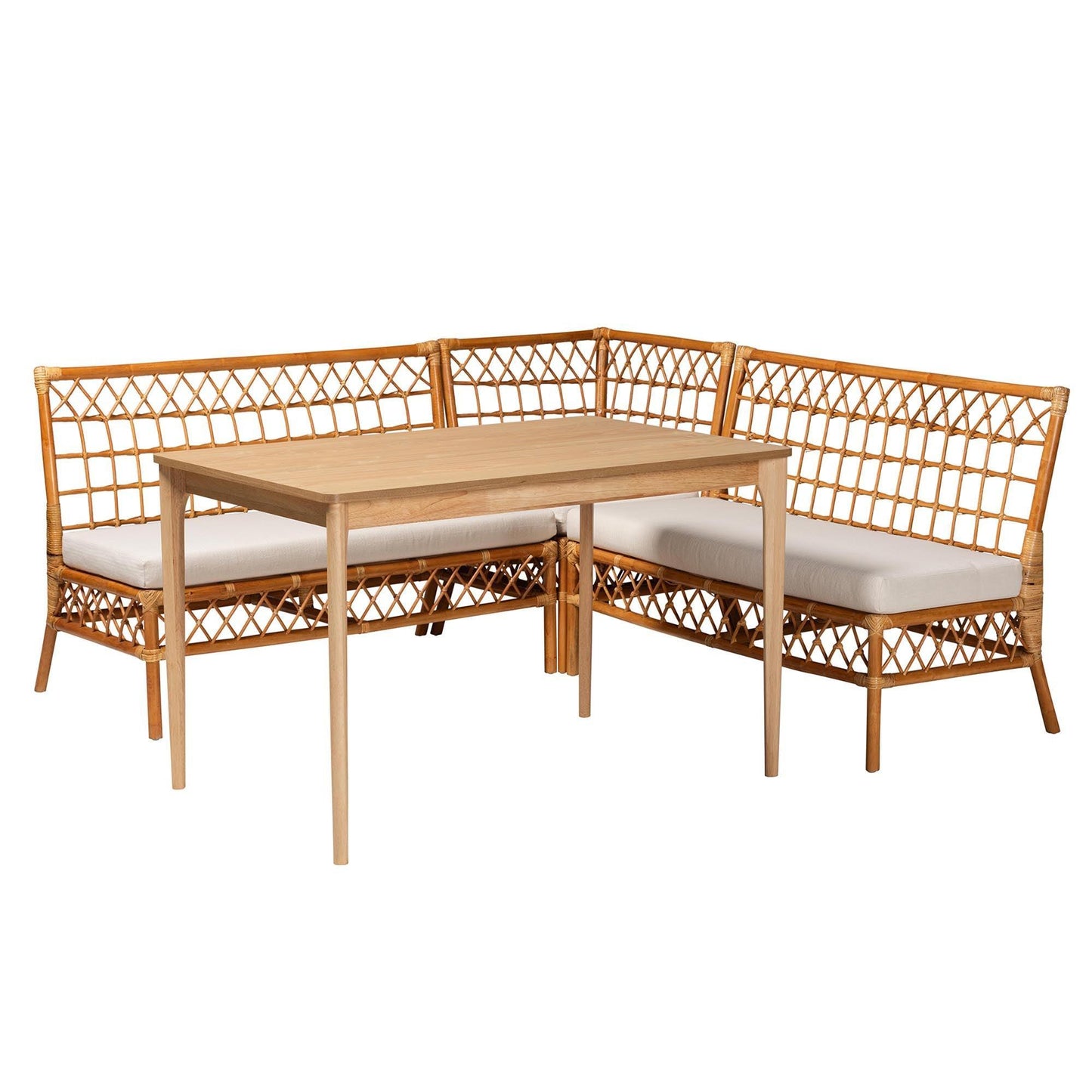bali & pari Adora Modern Bohemian Honey Rattan 4-Piece Dining Nook Set FredCo