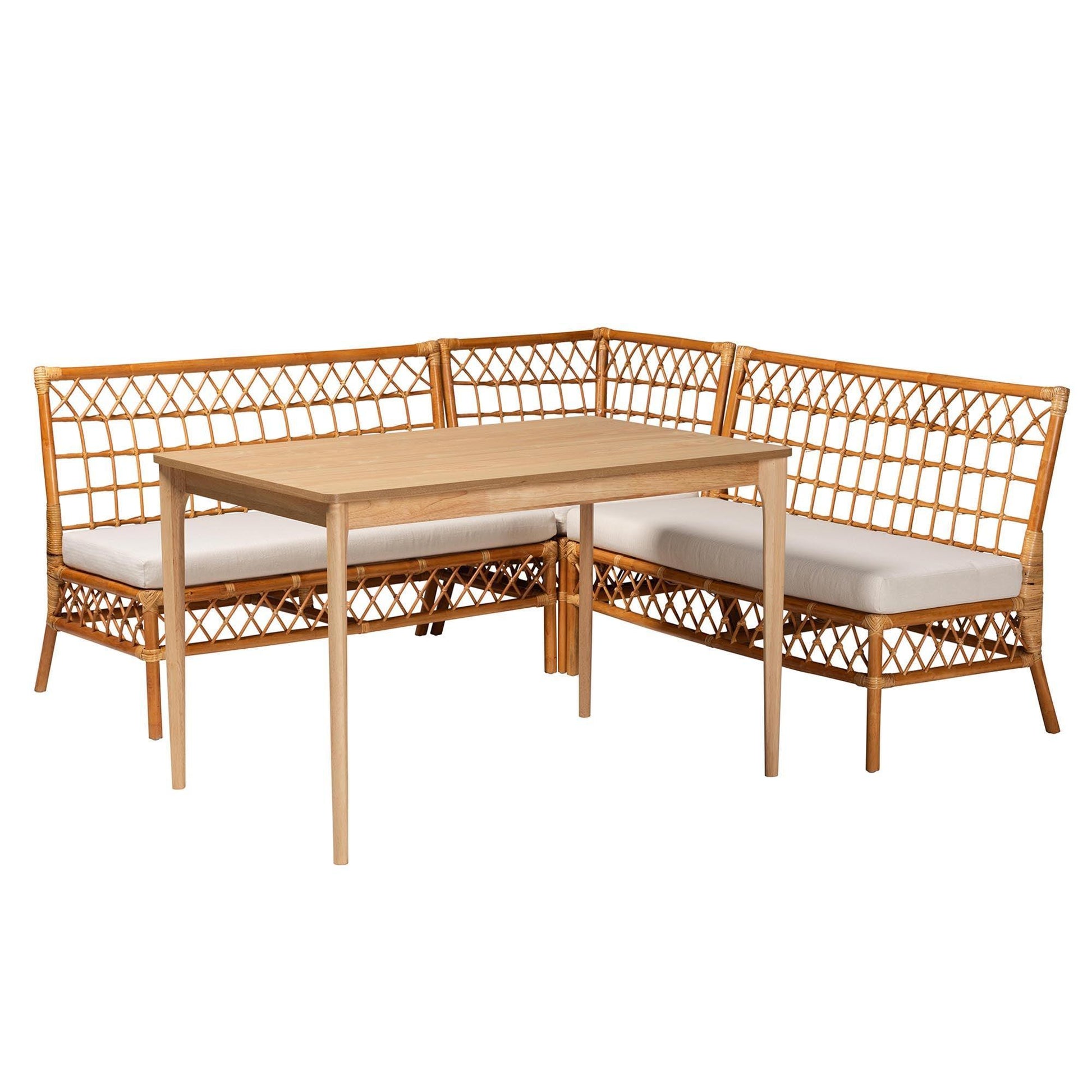 bali & pari Adora Modern Bohemian Honey Rattan 4-Piece Dining Nook Set FredCo