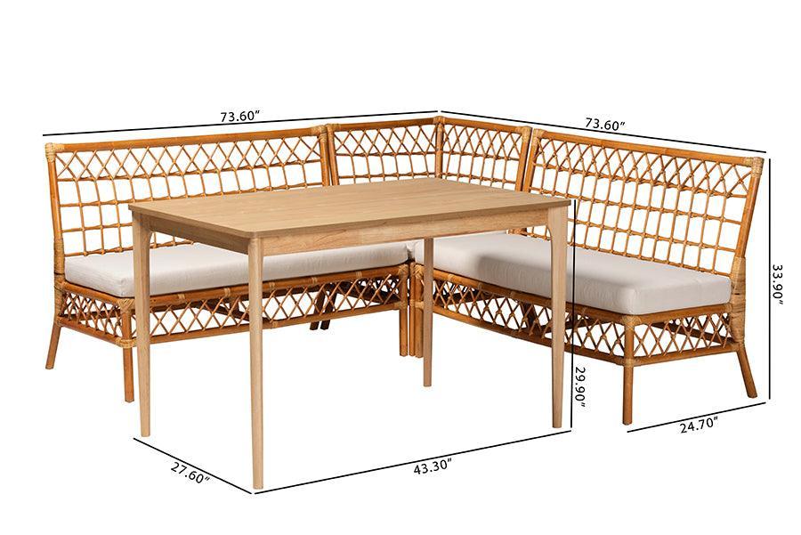bali & pari Adora Modern Bohemian Honey Rattan 4-Piece Dining Nook Set FredCo