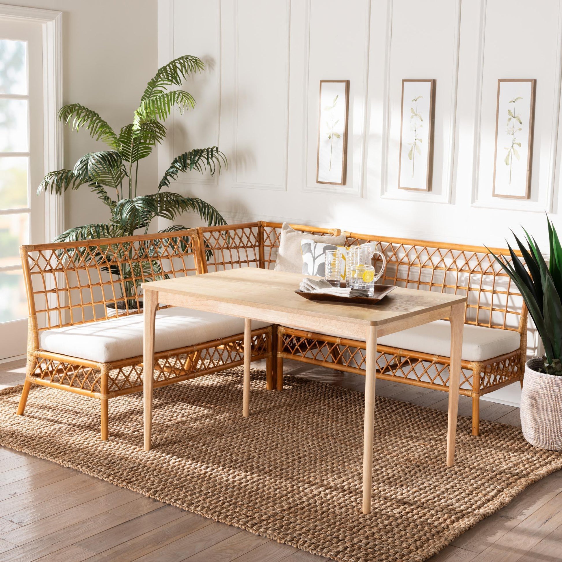 bali & pari Adora Modern Bohemian Honey Rattan 4-Piece Dining Nook Set FredCo