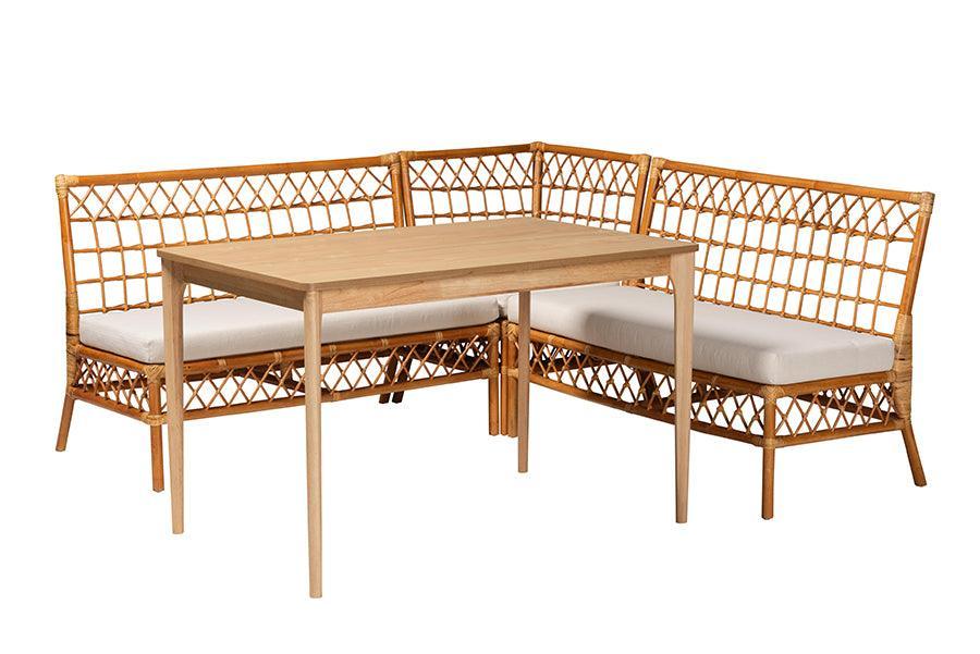 bali & pari Adora Modern Bohemian Honey Rattan 4-Piece Dining Nook Set FredCo
