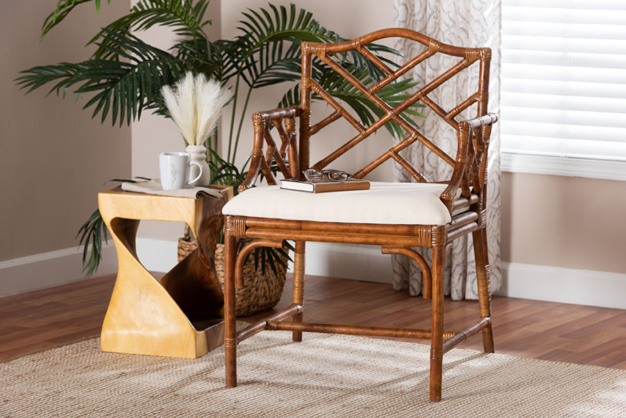 Accent chair with white cushion beside modern wood side table in stylish living room