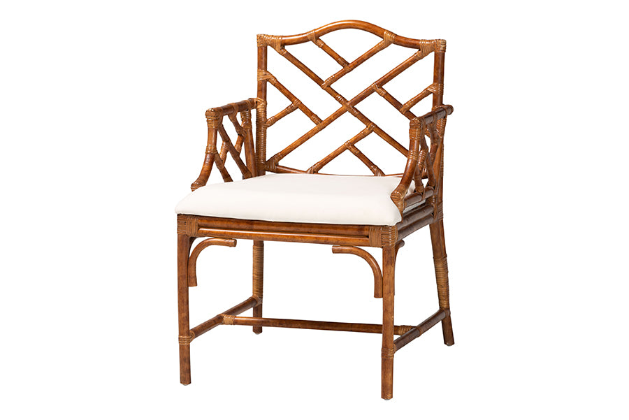 Rattan accent chair with lattice back and white cushion, FredCo International furniture