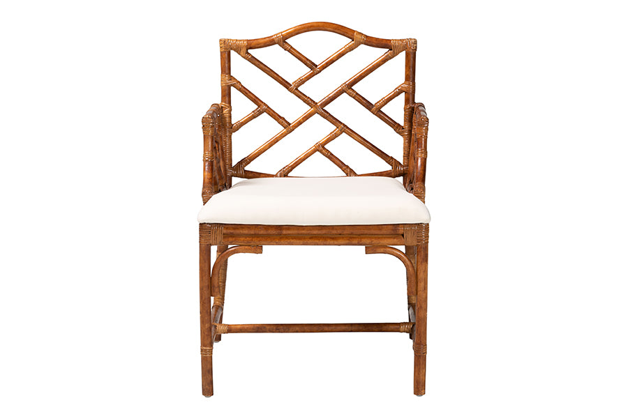 Bamboo armchair with geometric backrest and white cushion, FredCo International furniture