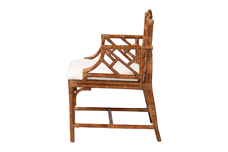 Bamboo armchair with white cushion and geometric lattice design, FredCo International furniture