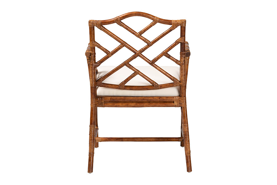 Bamboo armchair with geometric backrest and white cushion, FredCo International furniture