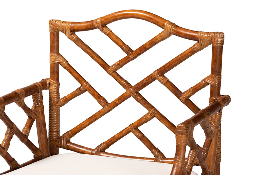 Brown rattan armchair with geometric lattice backrest and beige cushion, FredCo International furniture