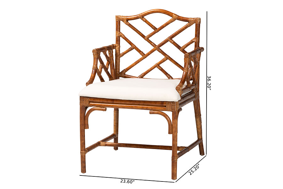 Rattan armchair with cream cushion, wooden frame, and geometric back, measurements displayed.