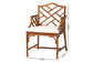 Rattan armchair with cream cushion, wooden frame, and geometric back, measurements displayed.