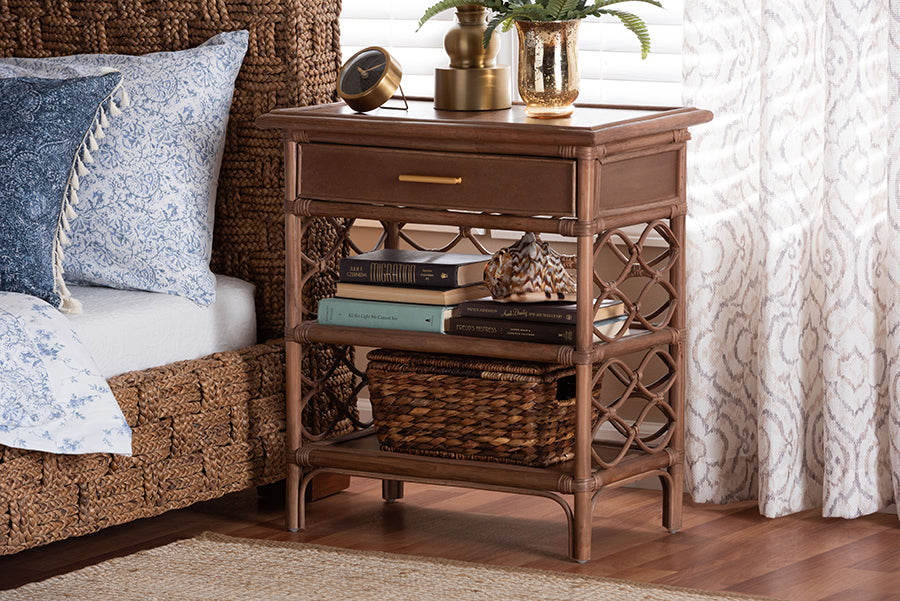 bali & pari Akane Natural Rattan Nightstand with Drawer and Open Shelves FredCo