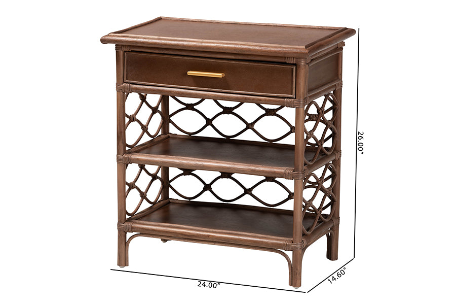 bali & pari Akane Natural Rattan Nightstand with Drawer and Open Shelves FredCo