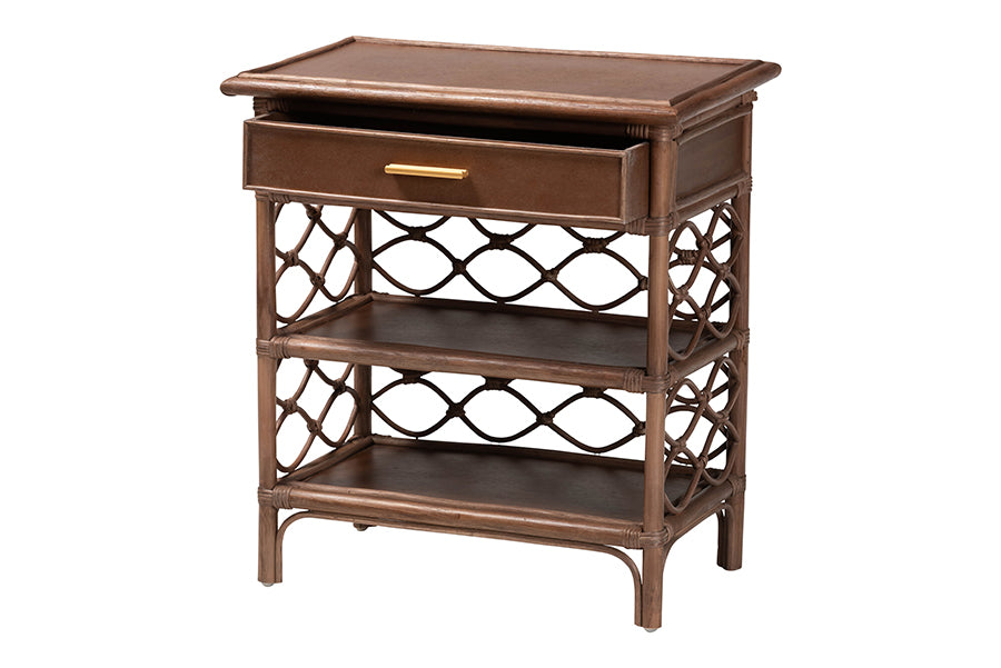bali & pari Akane Natural Rattan Nightstand with Drawer and Open Shelves FredCo