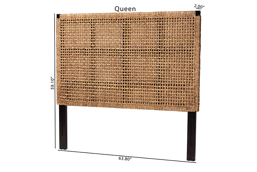 bali & pari Alise Bohemian Seagrass and Dark Brown Mahogany Wood Queen Size Headboard FredCo