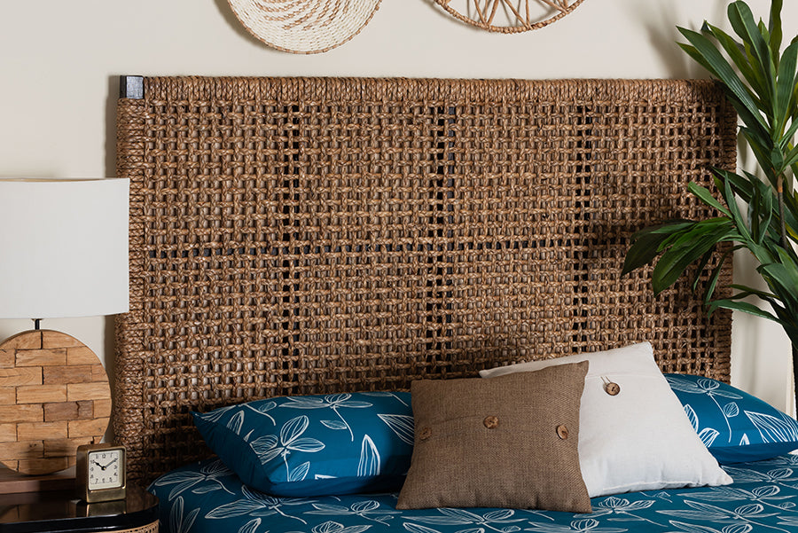 bali & pari Alise Bohemian Seagrass and Dark Brown Mahogany Wood Queen Size Headboard FredCo