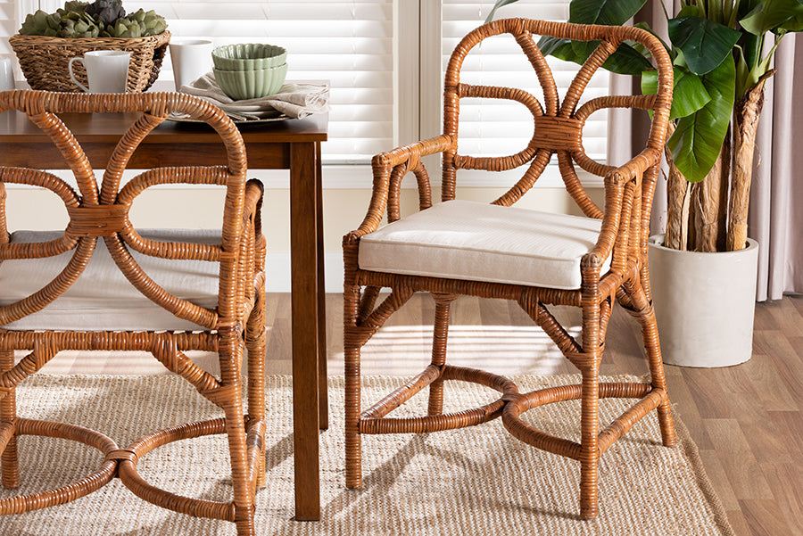 Bali & Pari Alondra Natural Rattan Arm Dining Chair – Handwoven Wicker with Cushion, Coastal Boho Kitchen or Dining Seating FredCo