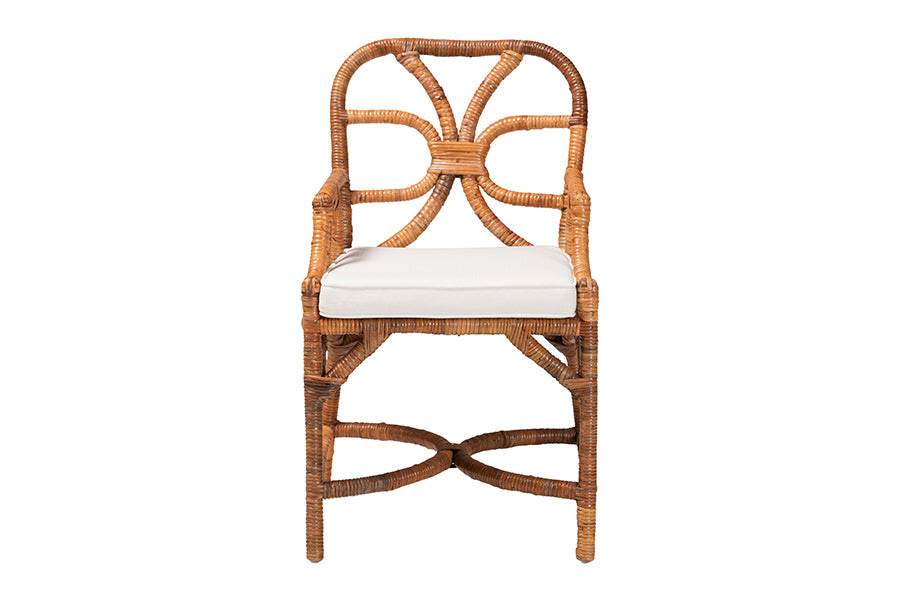 Bali & Pari Alondra Natural Rattan Arm Dining Chair – Handwoven Wicker with Cushion, Coastal Boho Kitchen or Dining Seating FredCo