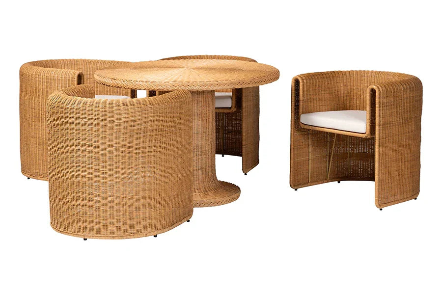 bali & pari Amaya 5-Piece Round Rattan Dining Set - Handwoven Wicker Pedestal Table and 4 Barrel Chairs with Cushion, Coastal Kitchen or Sunroom Furniture FredCo