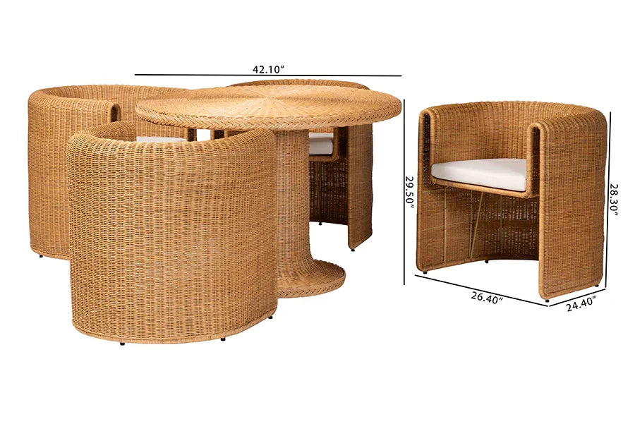 bali & pari Amaya 5-Piece Round Rattan Dining Set - Handwoven Wicker Pedestal Table and 4 Barrel Chairs with Cushion, Coastal Kitchen or Sunroom Furniture FredCo