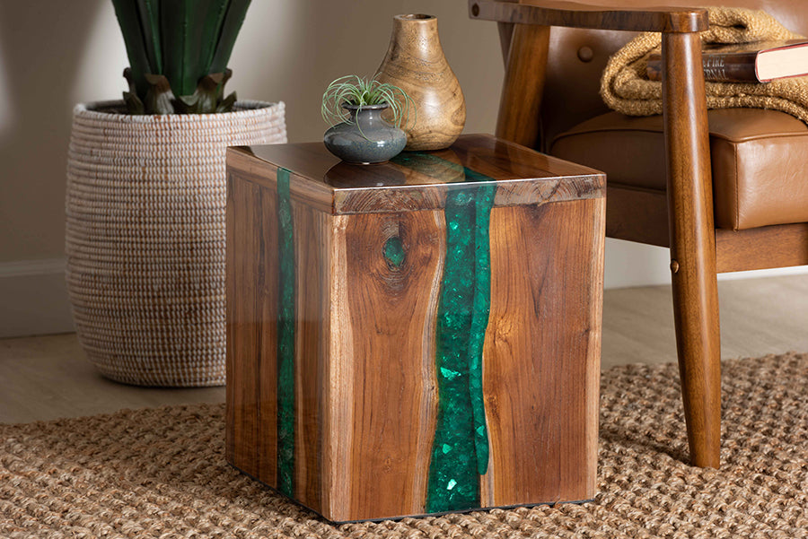 Bali & Pari Anan Cube Live Edge Teak Wood Epoxy Resin End Table – Modern Rustic Handcrafted Side Table FredCo