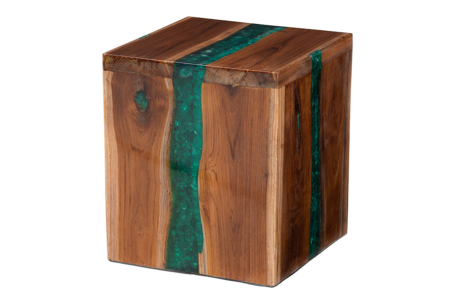 Bali & Pari Anan Cube Live Edge Teak Wood Epoxy Resin End Table – Modern Rustic Handcrafted Side Table FredCo