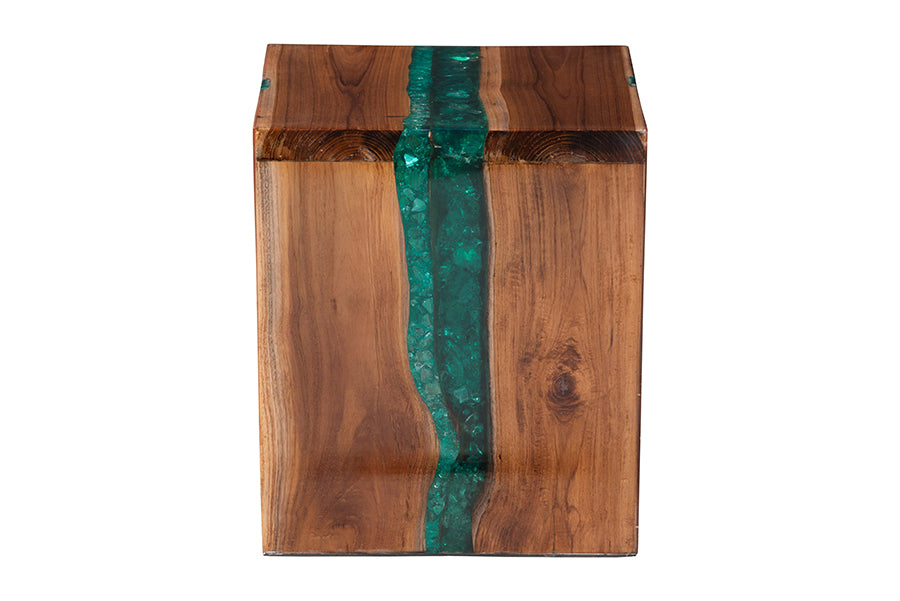 Bali & Pari Anan Cube Live Edge Teak Wood Epoxy Resin End Table – Modern Rustic Handcrafted Side Table FredCo
