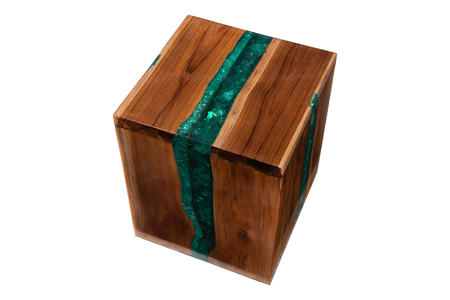 Bali & Pari Anan Cube Live Edge Teak Wood Epoxy Resin End Table – Modern Rustic Handcrafted Side Table FredCo