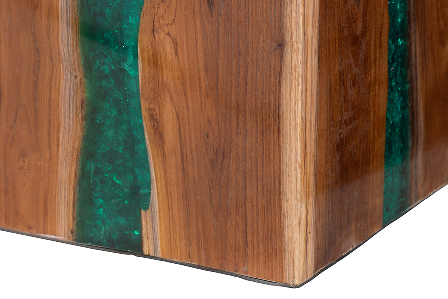 Bali & Pari Anan Cube Live Edge Teak Wood Epoxy Resin End Table – Modern Rustic Handcrafted Side Table FredCo