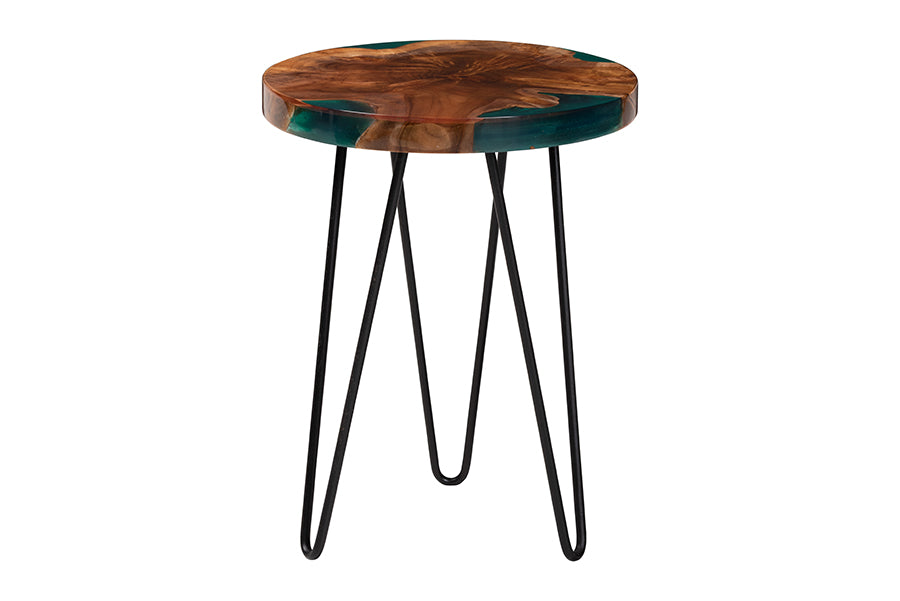 Bali & Pari Anan Round Live Edge Teak Wood Epoxy Resin End Table – Modern Rustic Side Table with Black Metal Legs FredCo