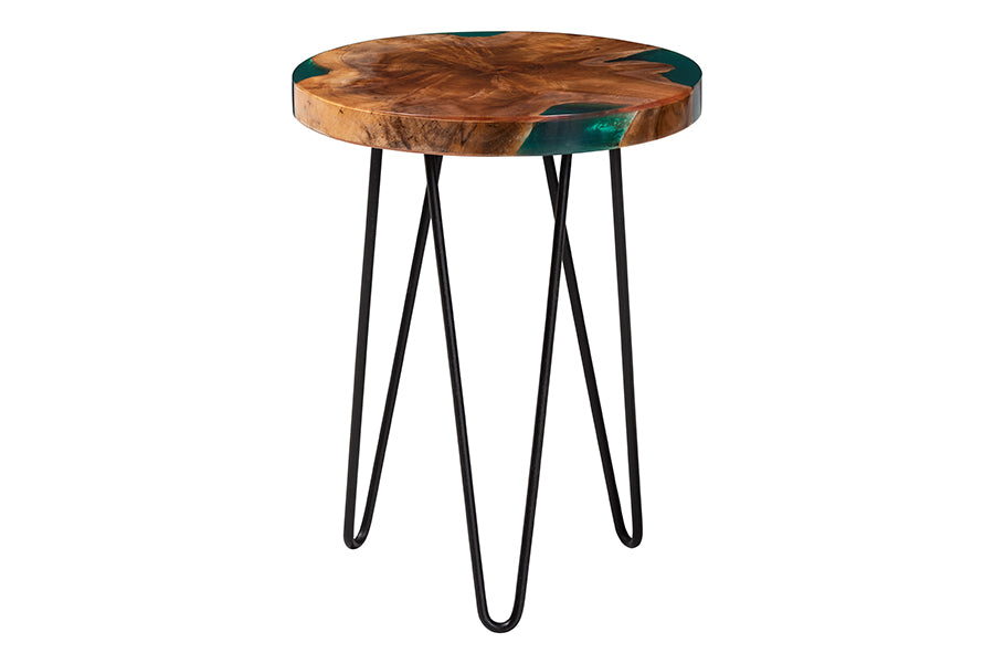 Bali & Pari Anan Round Live Edge Teak Wood Epoxy Resin End Table – Modern Rustic Side Table with Black Metal Legs FredCo