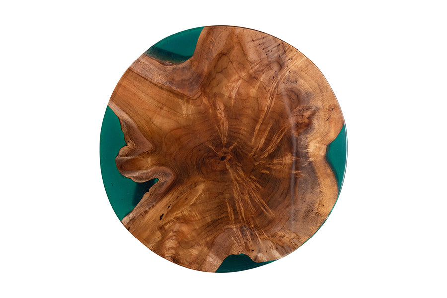 Bali & Pari Anan Round Live Edge Teak Wood Epoxy Resin End Table – Modern Rustic Side Table with Black Metal Legs FredCo