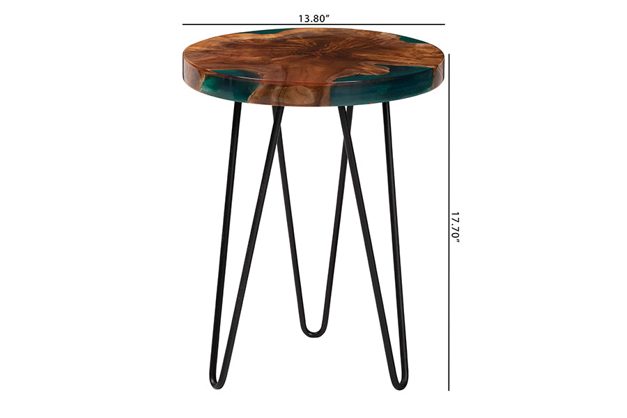 Bali & Pari Anan Round Live Edge Teak Wood Epoxy Resin End Table – Modern Rustic Side Table with Black Metal Legs FredCo