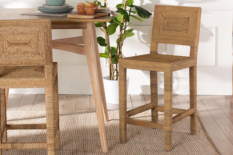 bali & pari Anfield Modern Bohemian Natural Seagrass and Mahogany Wood Counter Stool FredCo
