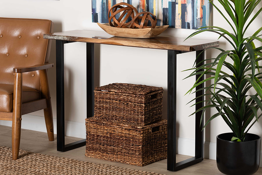 Bali & Pari Apio Live Edge Teak Epoxy Resin Console Table with Glass Inlay – Modern Rustic Accent for Entryway or Living Room FredCo