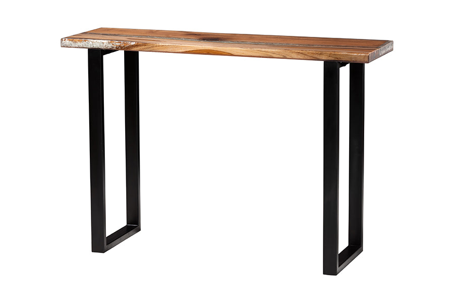 Bali & Pari Apio Live Edge Teak Epoxy Resin Console Table with Glass Inlay – Modern Rustic Accent for Entryway or Living Room FredCo