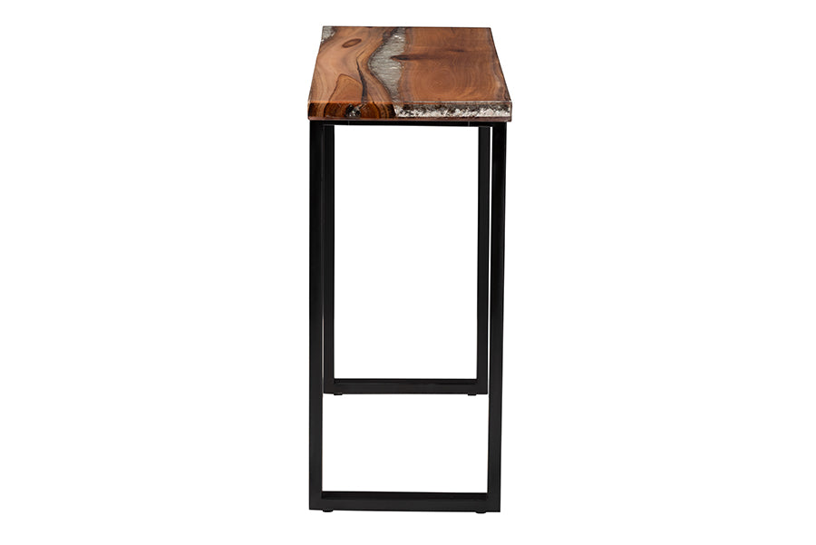 Bali & Pari Apio Live Edge Teak Epoxy Resin Console Table with Glass Inlay – Modern Rustic Accent for Entryway or Living Room FredCo