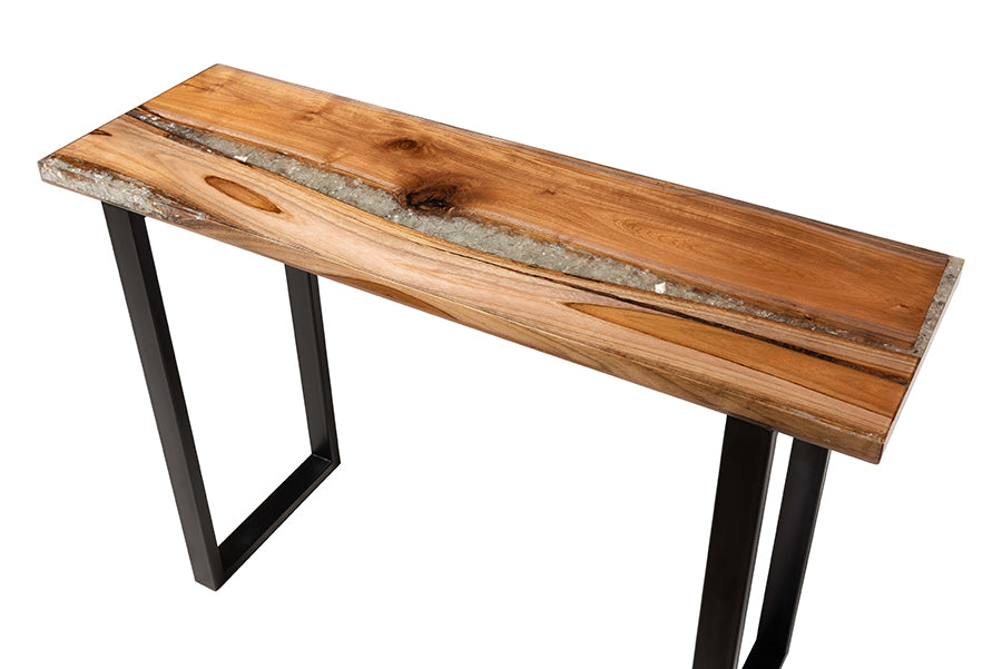 Bali & Pari Apio Live Edge Teak Epoxy Resin Console Table with Glass Inlay – Modern Rustic Accent for Entryway or Living Room FredCo