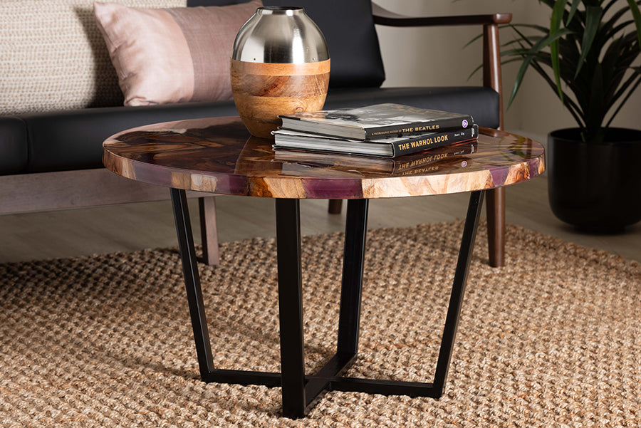 Bali & Pari Apio Live Edge Teak Epoxy Resin Round Coffee Table – Modern Rustic Centerpiece with Black Metal Base FredCo