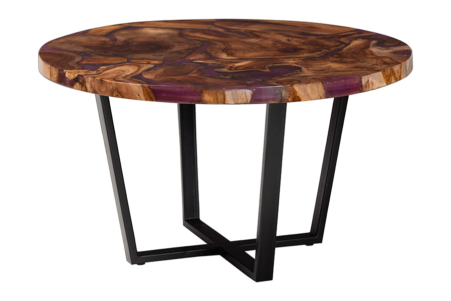 Bali & Pari Apio Live Edge Teak Epoxy Resin Round Coffee Table – Modern Rustic Centerpiece with Black Metal Base FredCo