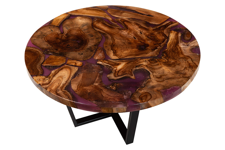 Bali & Pari Apio Live Edge Teak Epoxy Resin Round Coffee Table – Modern Rustic Centerpiece with Black Metal Base FredCo