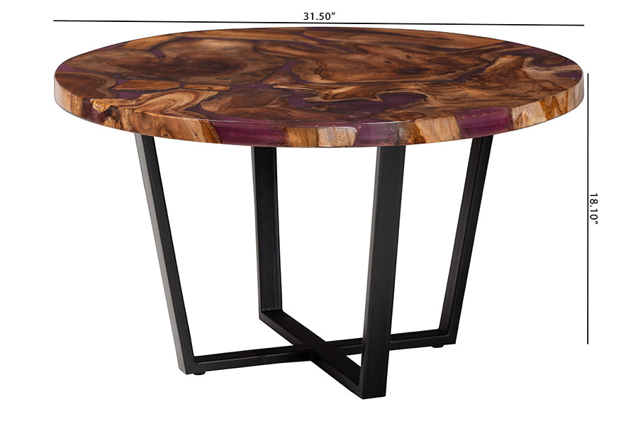 Bali & Pari Apio Live Edge Teak Epoxy Resin Round Coffee Table – Modern Rustic Centerpiece with Black Metal Base FredCo