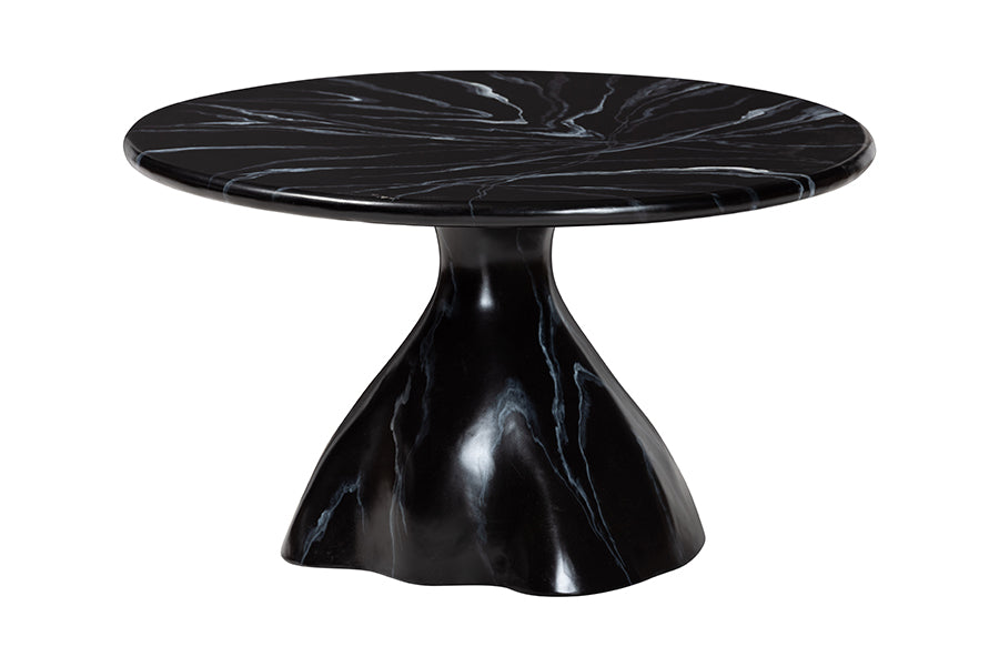 Bali & Pari Aponi Black Marbled Resin Round Coffee Table – Sculptural Modern Pedestal Base Accent Table FredCo