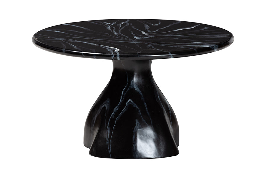 Bali & Pari Aponi Black Marbled Resin Round Coffee Table – Sculptural Modern Pedestal Base Accent Table FredCo