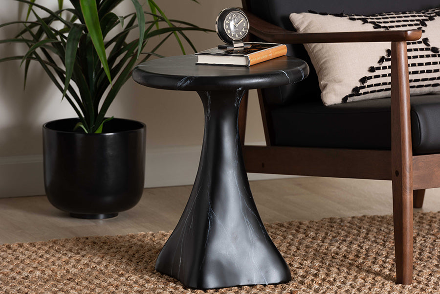 Bali & Pari Aponi Black Marbled Resin Round End Table – Sculptural Modern Pedestal Side Table FredCo