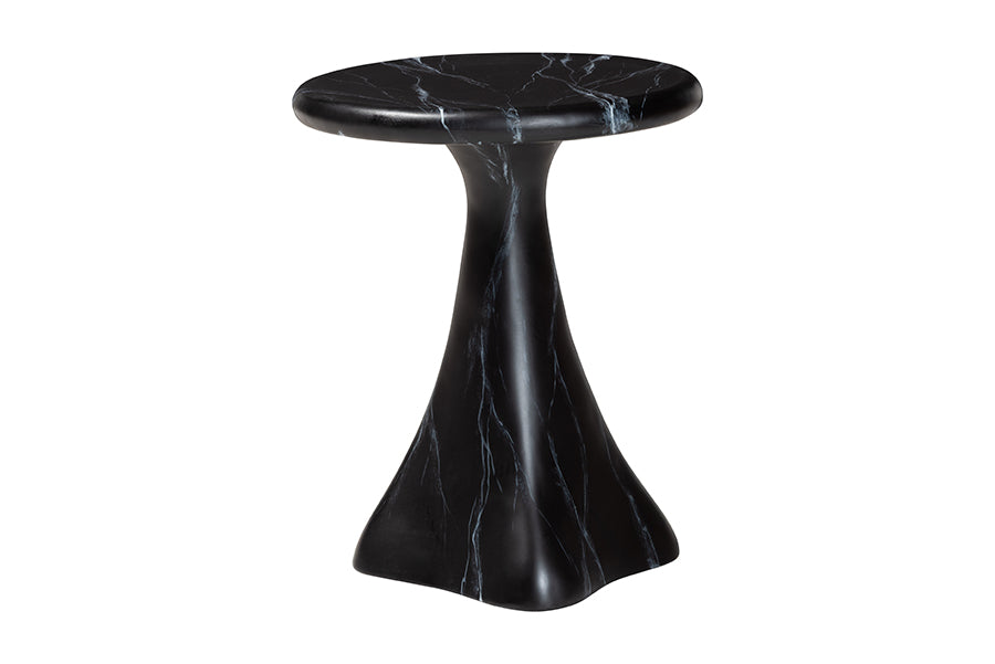 Bali & Pari Aponi Black Marbled Resin Round End Table – Sculptural Modern Pedestal Side Table FredCo