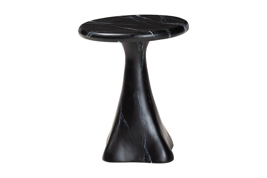 Bali & Pari Aponi Black Marbled Resin Round End Table – Sculptural Modern Pedestal Side Table FredCo