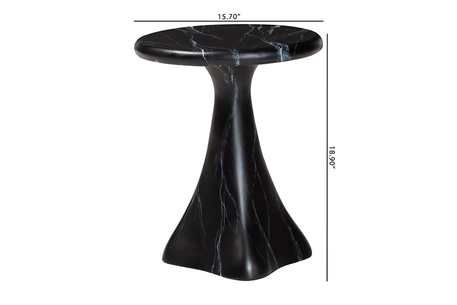 Bali & Pari Aponi Black Marbled Resin Round End Table – Sculptural Modern Pedestal Side Table FredCo