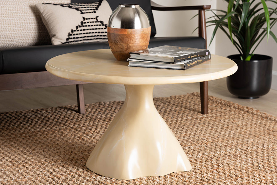 Bali & Pari Aponi Cream Marbled Resin Round Coffee Table – Sculptural Modern Pedestal Base Accent Table FredCo